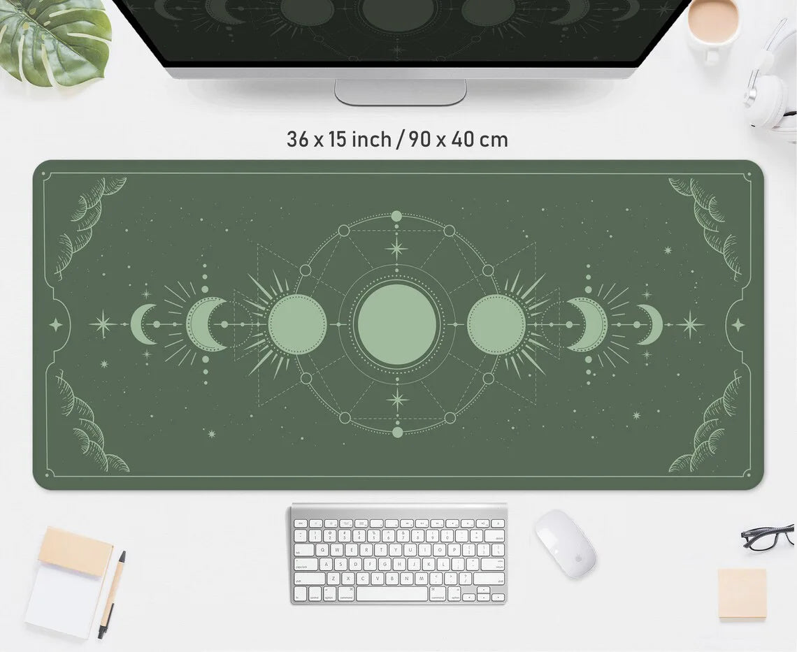 Beige Desk Mat Moon Phases Light Brown Mousepad HD Green Boho Plain Sage Rubber Neutral Simple Large Gaming Mouse Pad Aesthe Rug