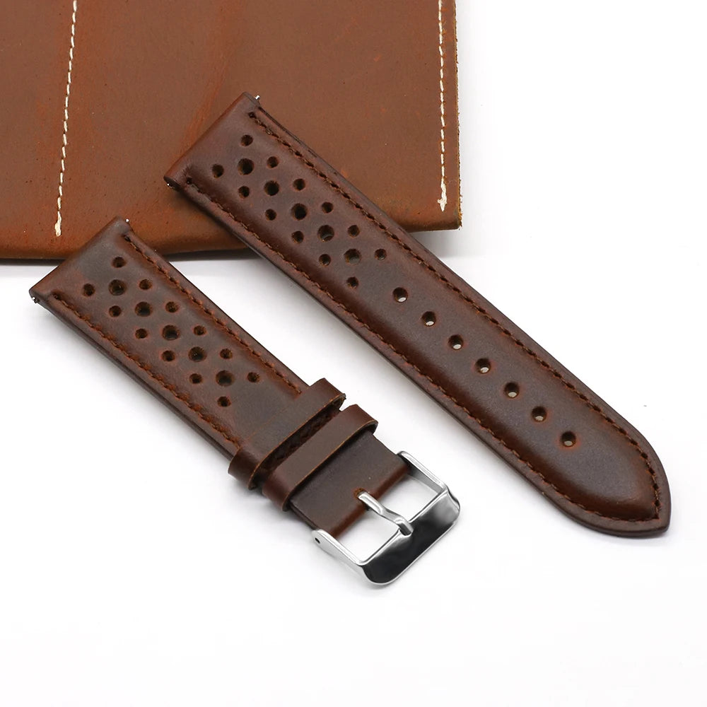 Vintage Handmade Watch Strap 18mm 19mm 20mm 22mm 24mm Racing Leather Strap Gray Black Brown Blue Breathable Porous Watchbands