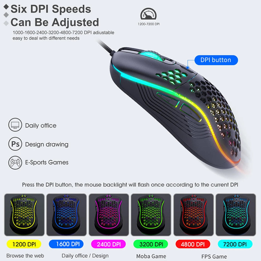 USB Wired Gaming Mouse Mechanical Mice USB Luminous Light Mouse 7200DPI Adjustable Optical Gamer Mice for PC Computer Game