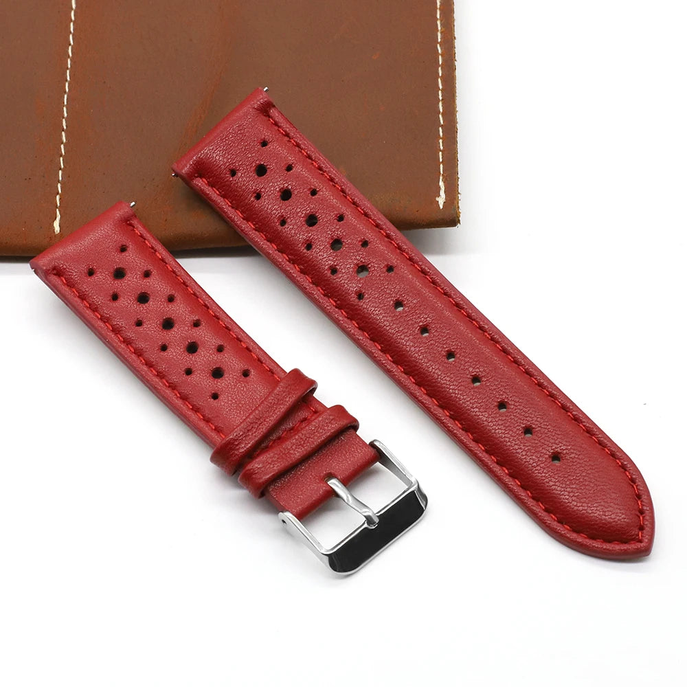 Vintage Handmade Watch Strap 18mm 19mm 20mm 22mm 24mm Racing Leather Strap Gray Black Brown Blue Breathable Porous Watchbands