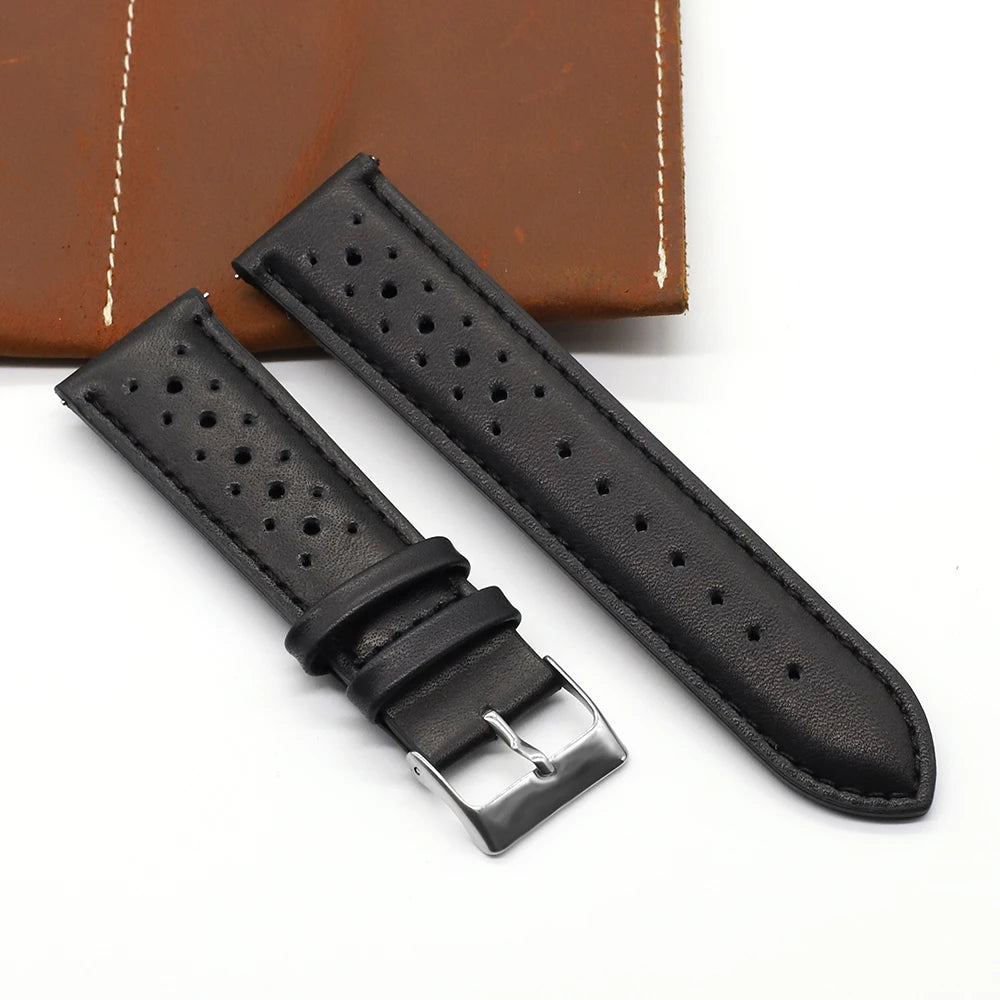 Vintage Handmade Watch Strap 18mm 19mm 20mm 22mm 24mm Racing Leather Strap Gray Black Brown Blue Breathable Porous Watchbands