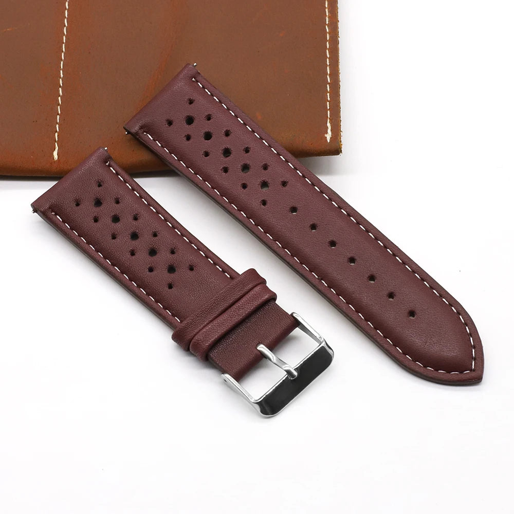 Vintage Handmade Watch Strap 18mm 19mm 20mm 22mm 24mm Racing Leather Strap Gray Black Brown Blue Breathable Porous Watchbands