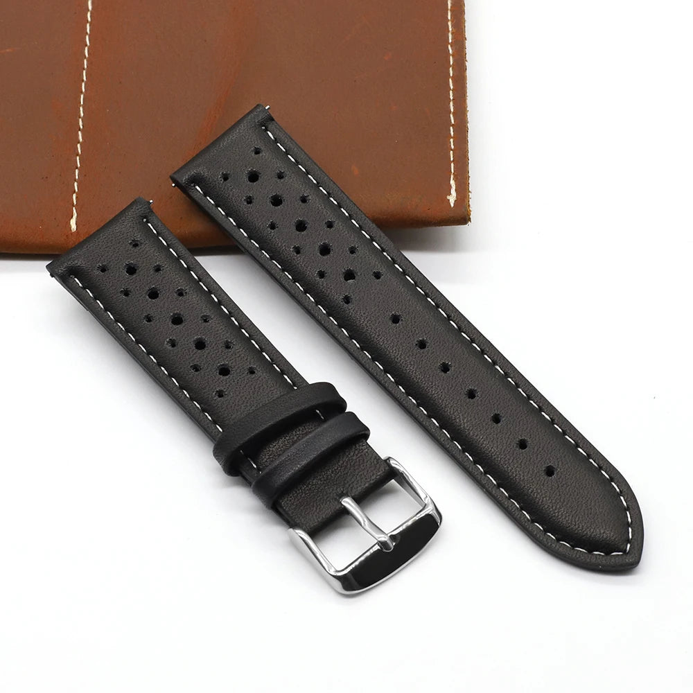 Vintage Handmade Watch Strap 18mm 19mm 20mm 22mm 24mm Racing Leather Strap Gray Black Brown Blue Breathable Porous Watchbands