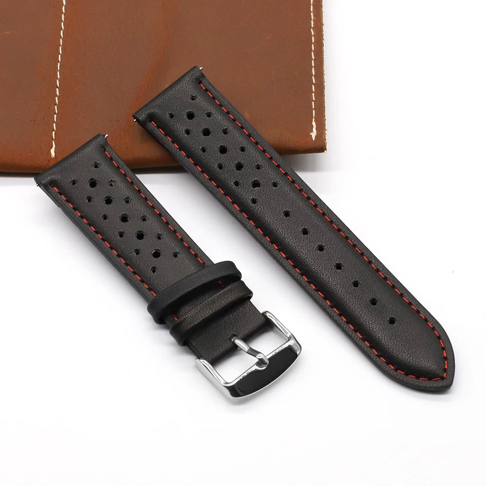 Vintage Handmade Watch Strap 18mm 19mm 20mm 22mm 24mm Racing Leather Strap Gray Black Brown Blue Breathable Porous Watchbands