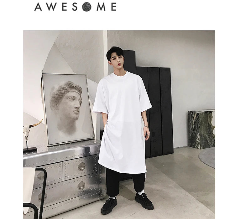 Men summer oversized hip hop long t shirt side split tee shirts mens punk tops streetwear hiphop clothes camisetas stage costume