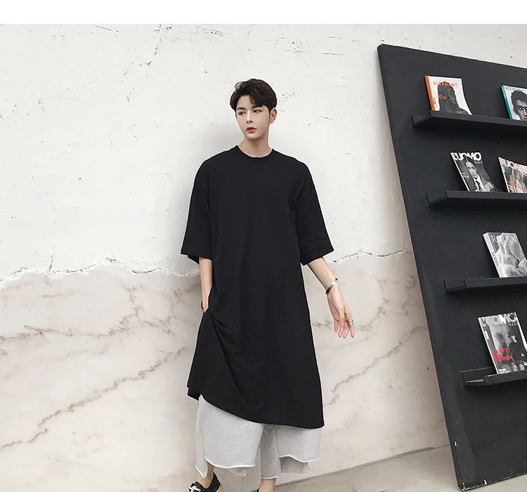 Men summer oversized hip hop long t shirt side split tee shirts mens punk tops streetwear hiphop clothes camisetas stage costume