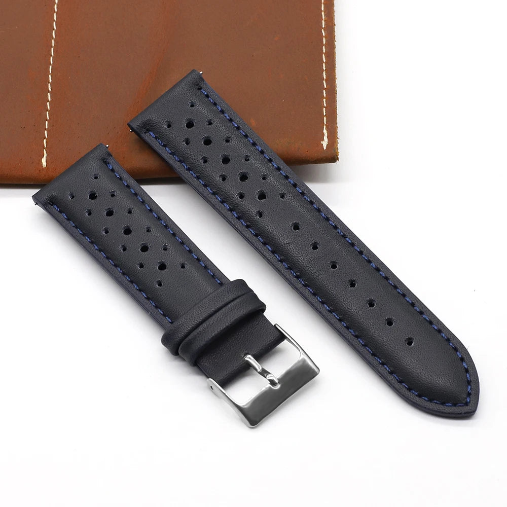 Vintage Handmade Watch Strap 18mm 19mm 20mm 22mm 24mm Racing Leather Strap Gray Black Brown Blue Breathable Porous Watchbands