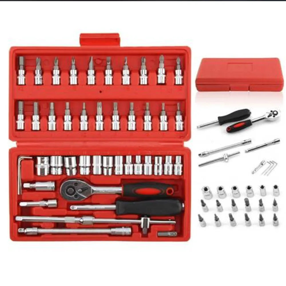 46PCS Ratchet Wrench Set Kit 1/4' Metric Drive Ratchet Phillips Torx Bits Allen Key Screwdriver Professional Metalworking Tool