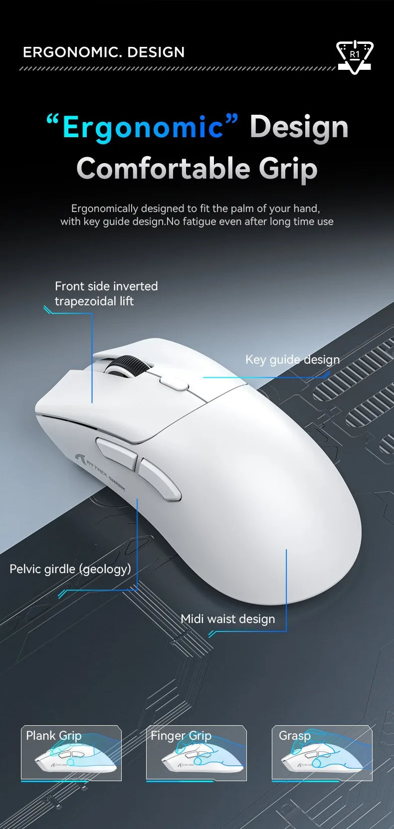 For Attack Shark R1 18000dpi Wireless Mouse, 1000Hz, Tri-mode Connection, PAW3311,Macro Gaming Mouse