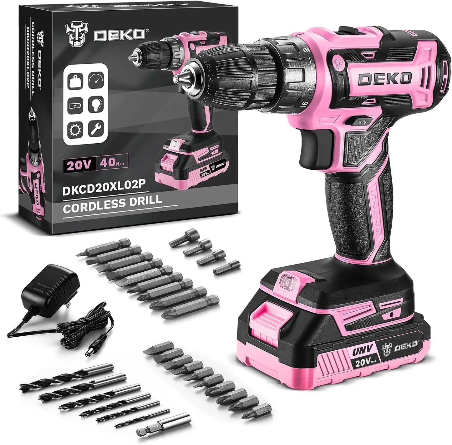 Power Drill Cordless: DEKO Pink Cordless Drill 20V Electric Power Drill Set Tool for Women