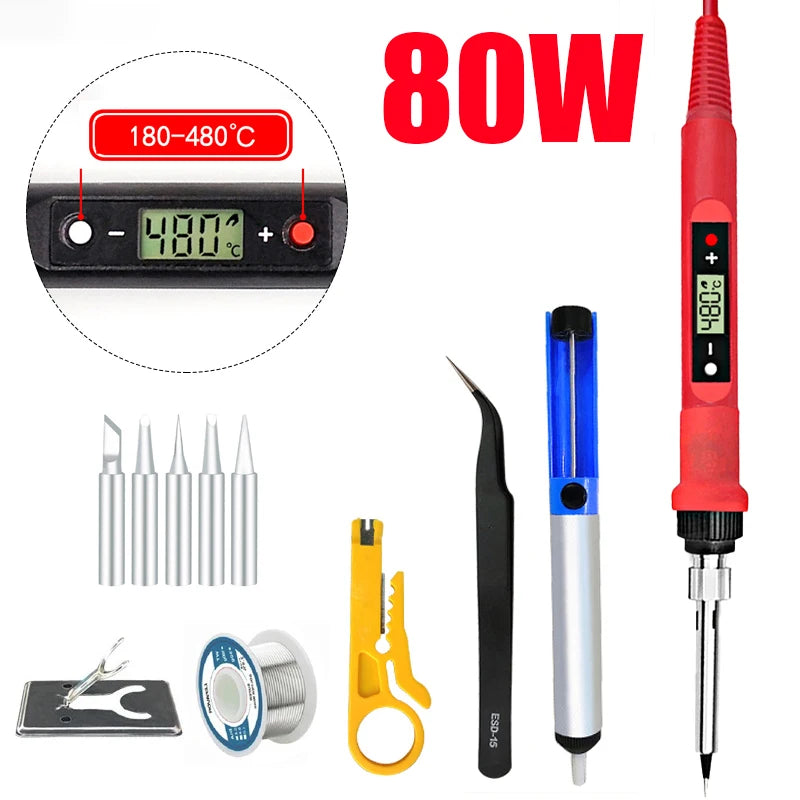 80W Digital Electric Soldering Iron Set Adjustable LCD Temperature Iron Station Multimeter Welding Line Tips Solder Tool Kit