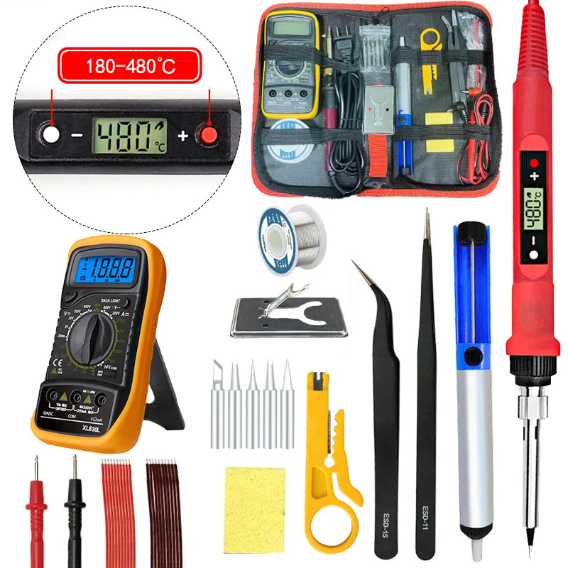 80W Digital Electric Soldering Iron Set Adjustable LCD Temperature Iron Station Multimeter Welding Line Tips Solder Tool Kit