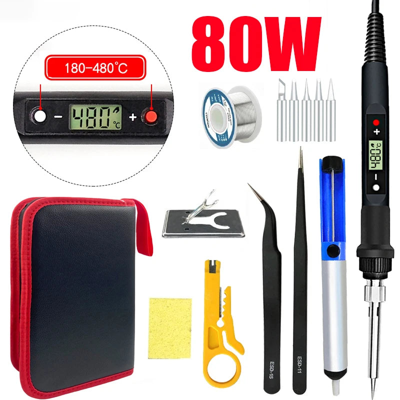 80W Digital Electric Soldering Iron Set Adjustable LCD Temperature Iron Station Multimeter Welding Line Tips Solder Tool Kit