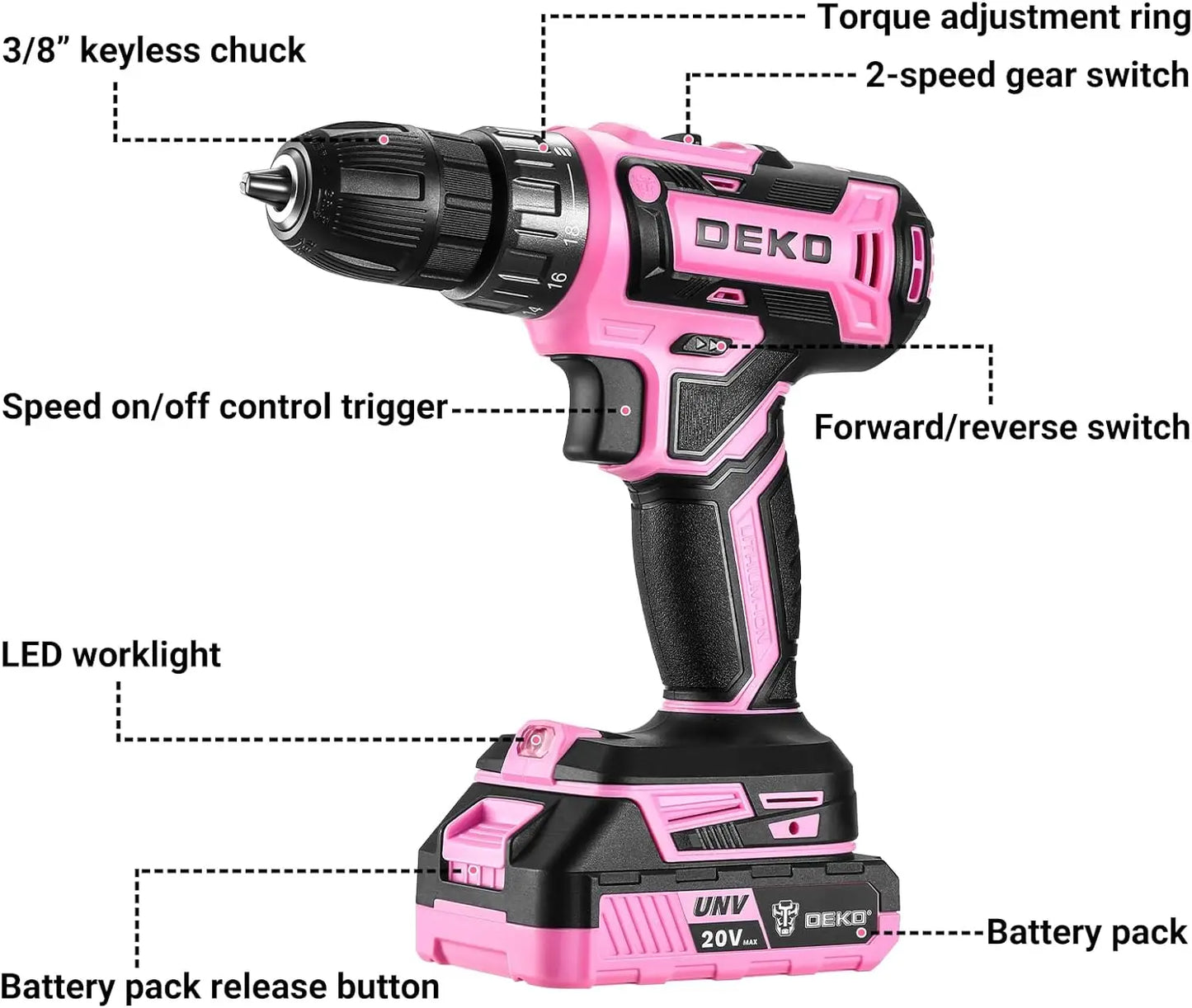 Power Drill Cordless: DEKO Pink Cordless Drill 20V Electric Power Drill Set Tool for Women