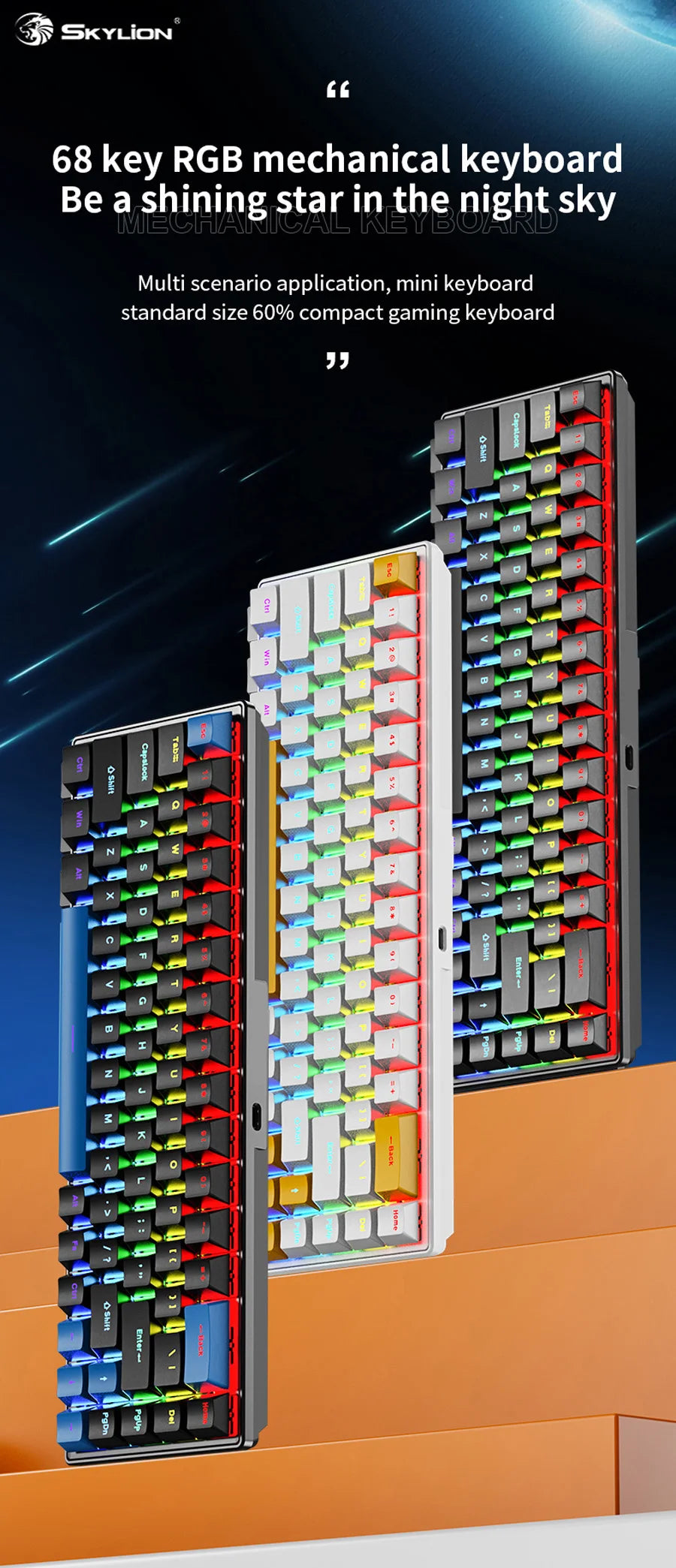 K68 Wired Mechanical Keyboard 10Kinds of Colorful Lighting Gaming and Office For Microsoft Windows and Apple IOS System