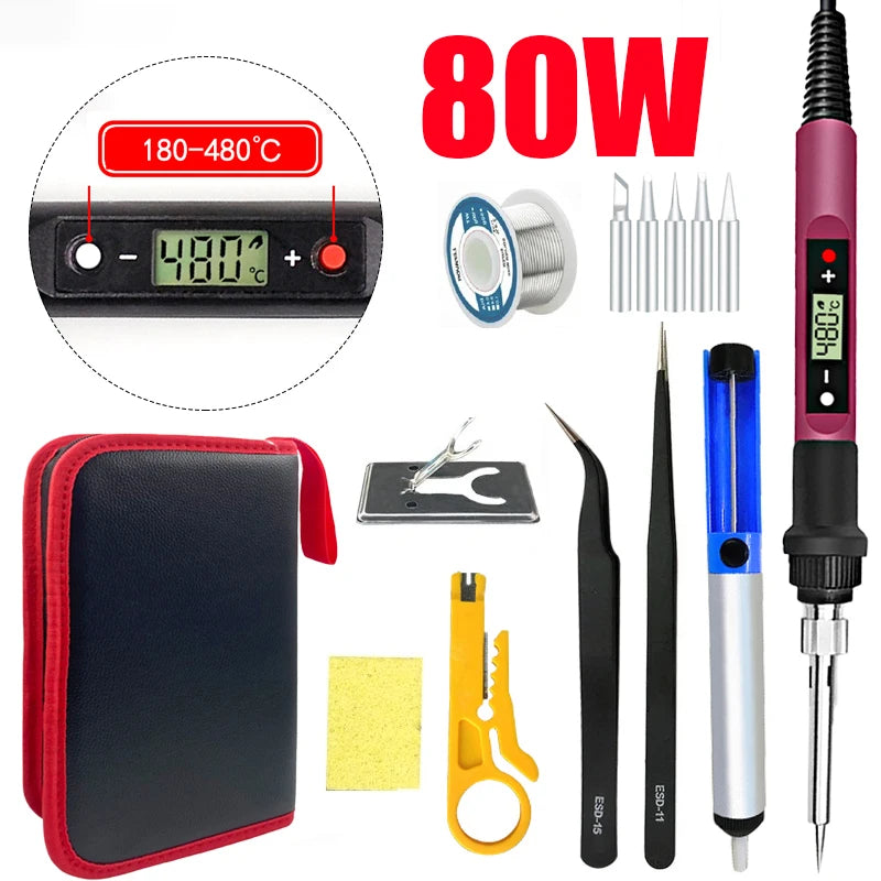 80W Digital Electric Soldering Iron Set Adjustable LCD Temperature Iron Station Multimeter Welding Line Tips Solder Tool Kit