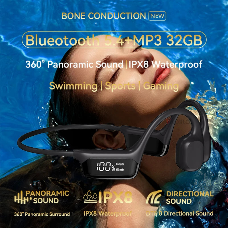 Bone Conduction Headphones Bluetooth 5.4 Wireless Earphone IPX8 Waterproof for Swimming Sports Support MP3 Player With 32G RAM