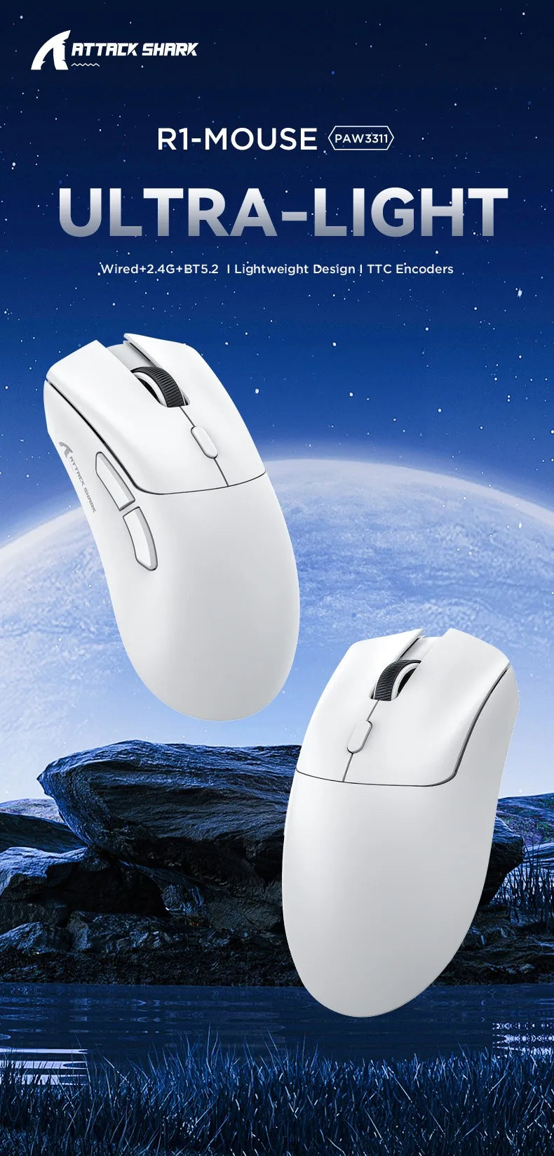 For Attack Shark R1 18000dpi Wireless Mouse, 1000Hz, Tri-mode Connection, PAW3311,Macro Gaming Mouse