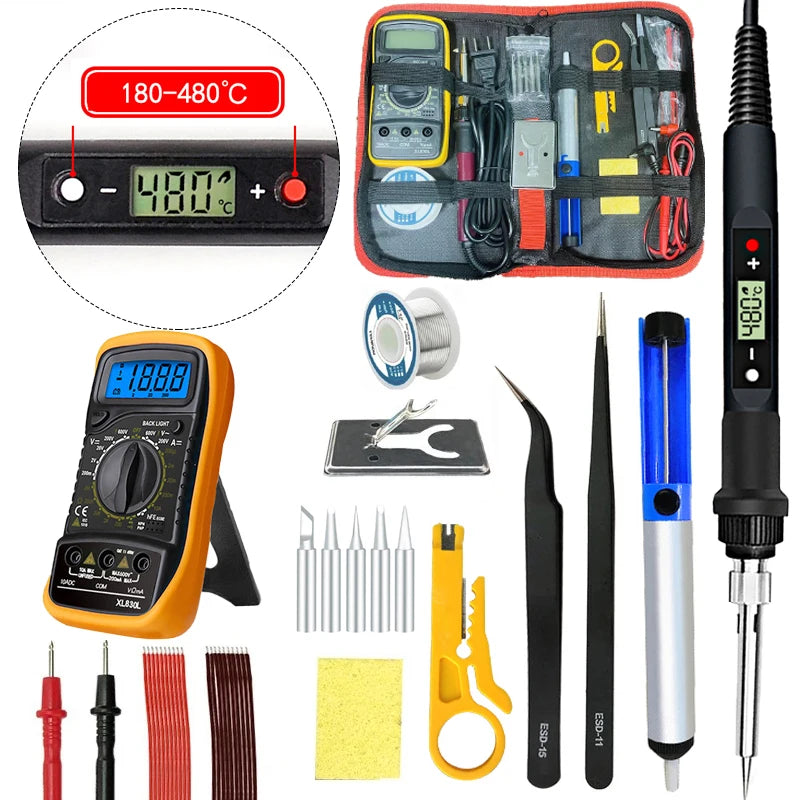 80W Digital Electric Soldering Iron Set Adjustable LCD Temperature Iron Station Multimeter Welding Line Tips Solder Tool Kit