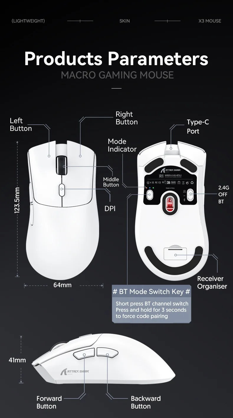 For Attack Shark R1 18000dpi Wireless Mouse, 1000Hz, Tri-mode Connection, PAW3311,Macro Gaming Mouse