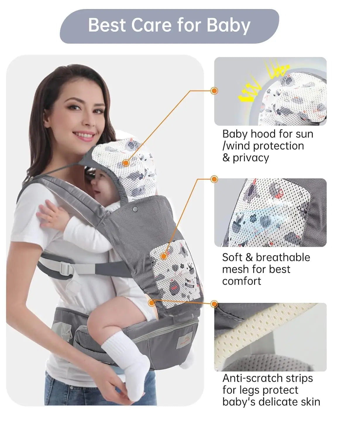 Baby Carrier, Baby Carrier Newborn to Toddler, Toddler Carrier with Hood All Seasons & All Position Baby Hip Carrier