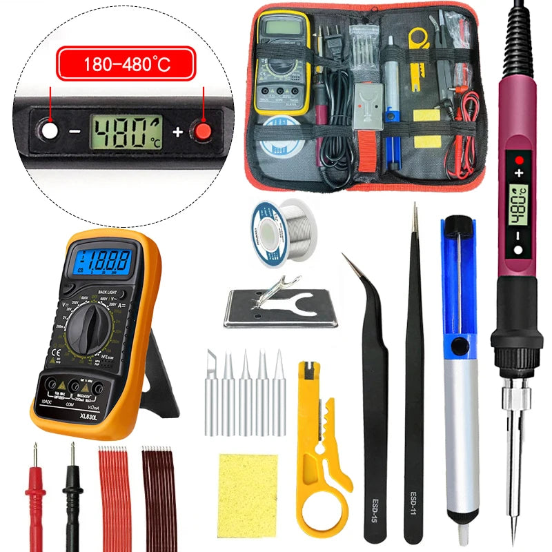 80W Digital Electric Soldering Iron Set Adjustable LCD Temperature Iron Station Multimeter Welding Line Tips Solder Tool Kit