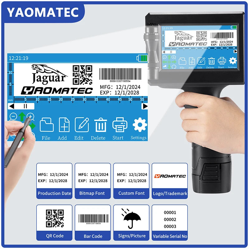 YAOMATEC 12.7mm image picture QR code serial number portable mask online printer hand jet handheld thermal inkjet TIJ printer