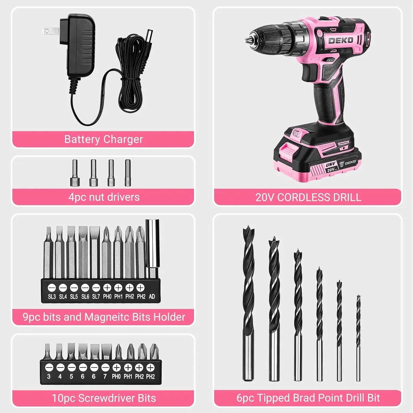 Power Drill Cordless: DEKO Pink Cordless Drill 20V Electric Power Drill Set Tool for Women