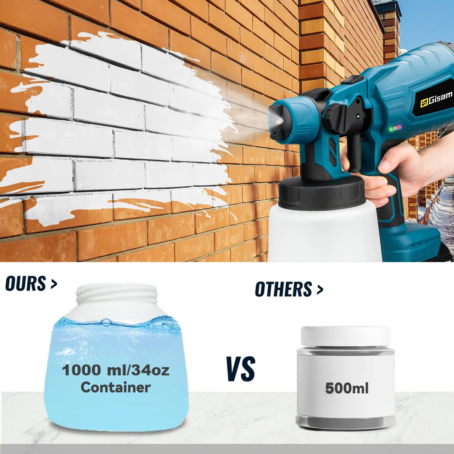 1000ML Cordless Electric Spray Gun High Power HVLP Paint Sprayer