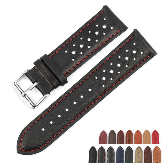 Vintage Handmade Watch Strap 18mm 19mm 20mm 22mm 24mm Racing Leather Strap Gray Black Brown Blue Breathable Porous Watchbands