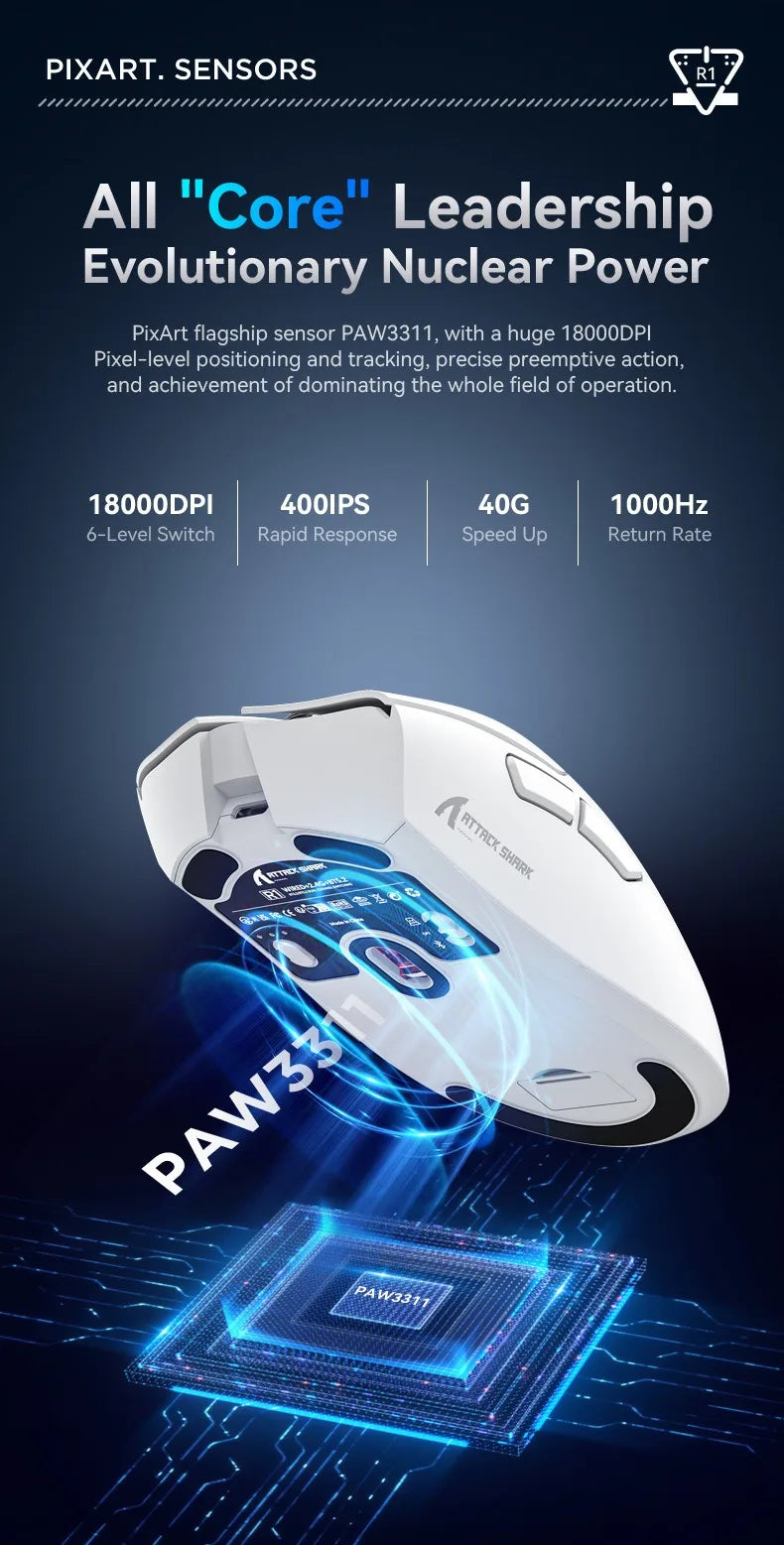 For Attack Shark R1 18000dpi Wireless Mouse, 1000Hz, Tri-mode Connection, PAW3311,Macro Gaming Mouse