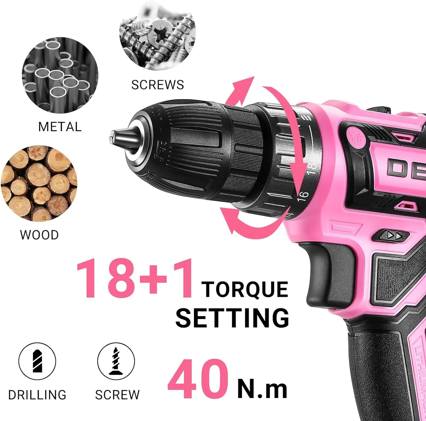 Power Drill Cordless: DEKO Pink Cordless Drill 20V Electric Power Drill Set Tool for Women