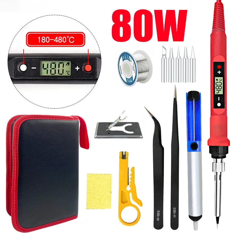 80W Digital Electric Soldering Iron Set Adjustable LCD Temperature Iron Station Multimeter Welding Line Tips Solder Tool Kit