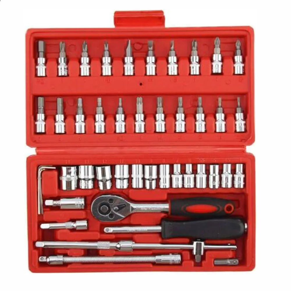 46PCS Ratchet Wrench Set Kit 1/4' Metric Drive Ratchet Phillips Torx Bits Allen Key Screwdriver Professional Metalworking Tool