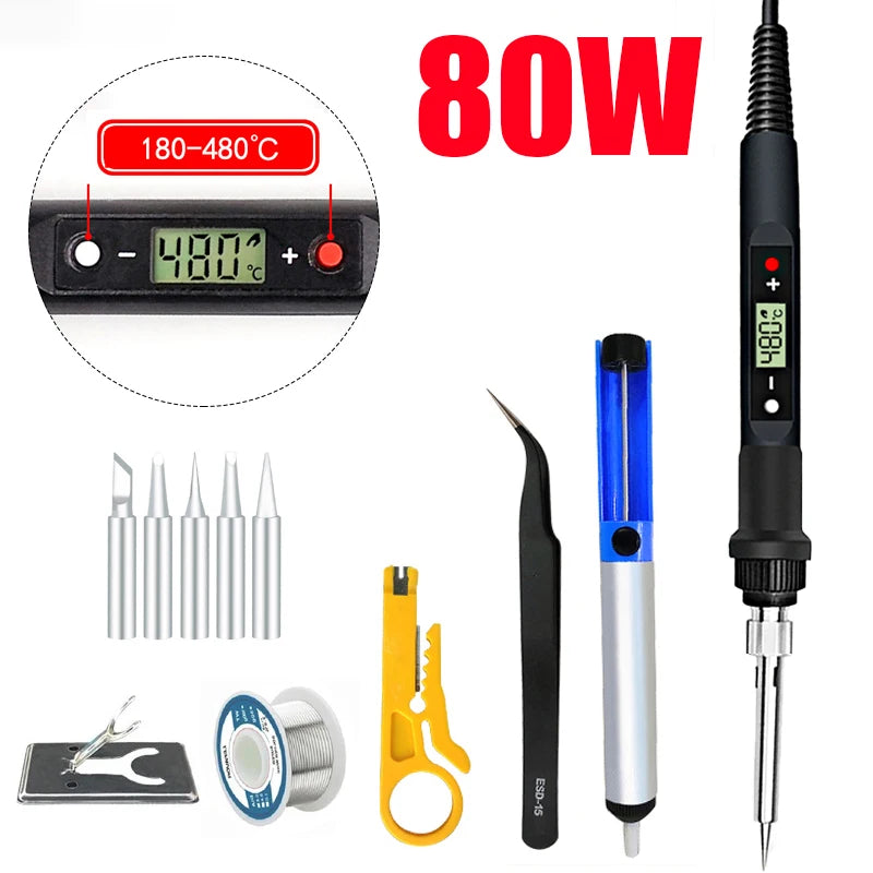 80W Digital Electric Soldering Iron Set Adjustable LCD Temperature Iron Station Multimeter Welding Line Tips Solder Tool Kit