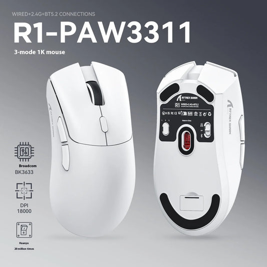 For Attack Shark R1 18000dpi Wireless Mouse, 1000Hz, Tri-mode Connection, PAW3311,Macro Gaming Mouse