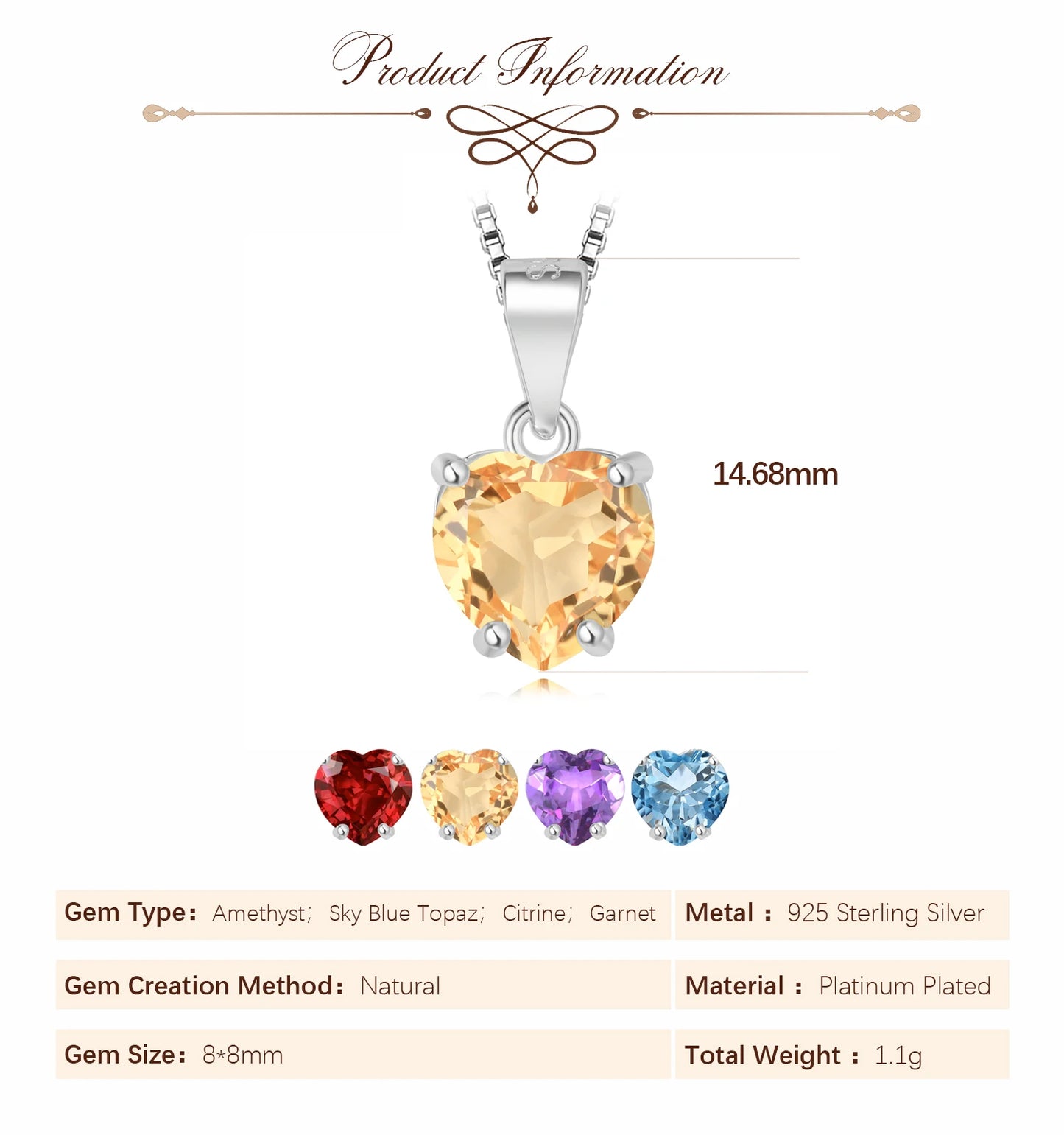 Potiy Natural Heart 1.57ct Citrine Sky Blue Topaz Garnet Amethyst Pendant Necklace No Chain 925 Sterling Silver Women Birthstone