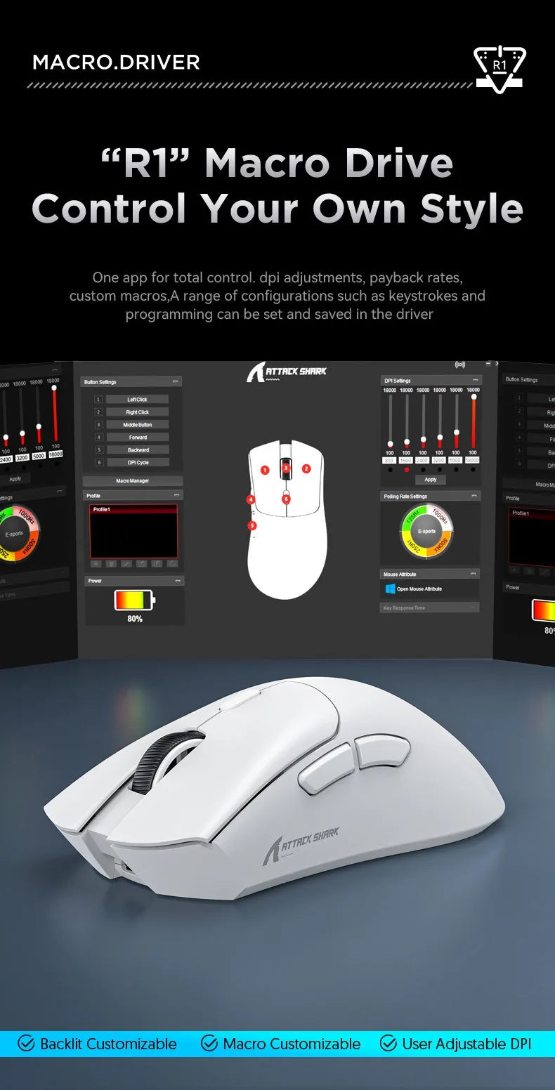 For Attack Shark R1 18000dpi Wireless Mouse, 1000Hz, Tri-mode Connection, PAW3311,Macro Gaming Mouse