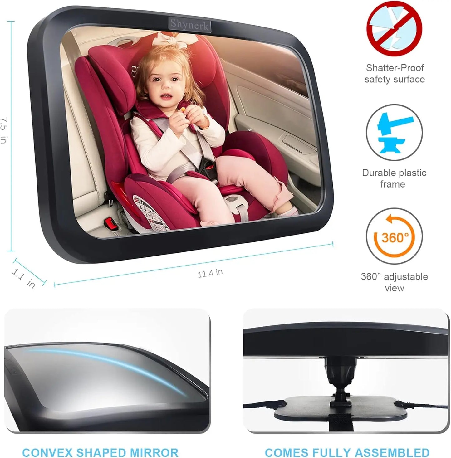 Baby Car Mirror, Safety Car Seat Mirror for Rear Facing Infant with Wide Crystal Clear View, Shatterproof