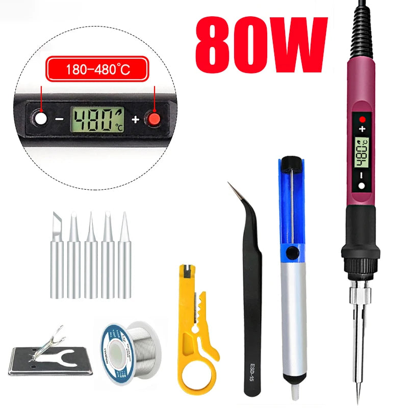 80W Digital Electric Soldering Iron Set Adjustable LCD Temperature Iron Station Multimeter Welding Line Tips Solder Tool Kit