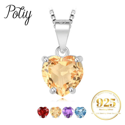 Potiy Natural Heart 1.57ct Citrine Sky Blue Topaz Garnet Amethyst Pendant Necklace No Chain 925 Sterling Silver Women Birthstone