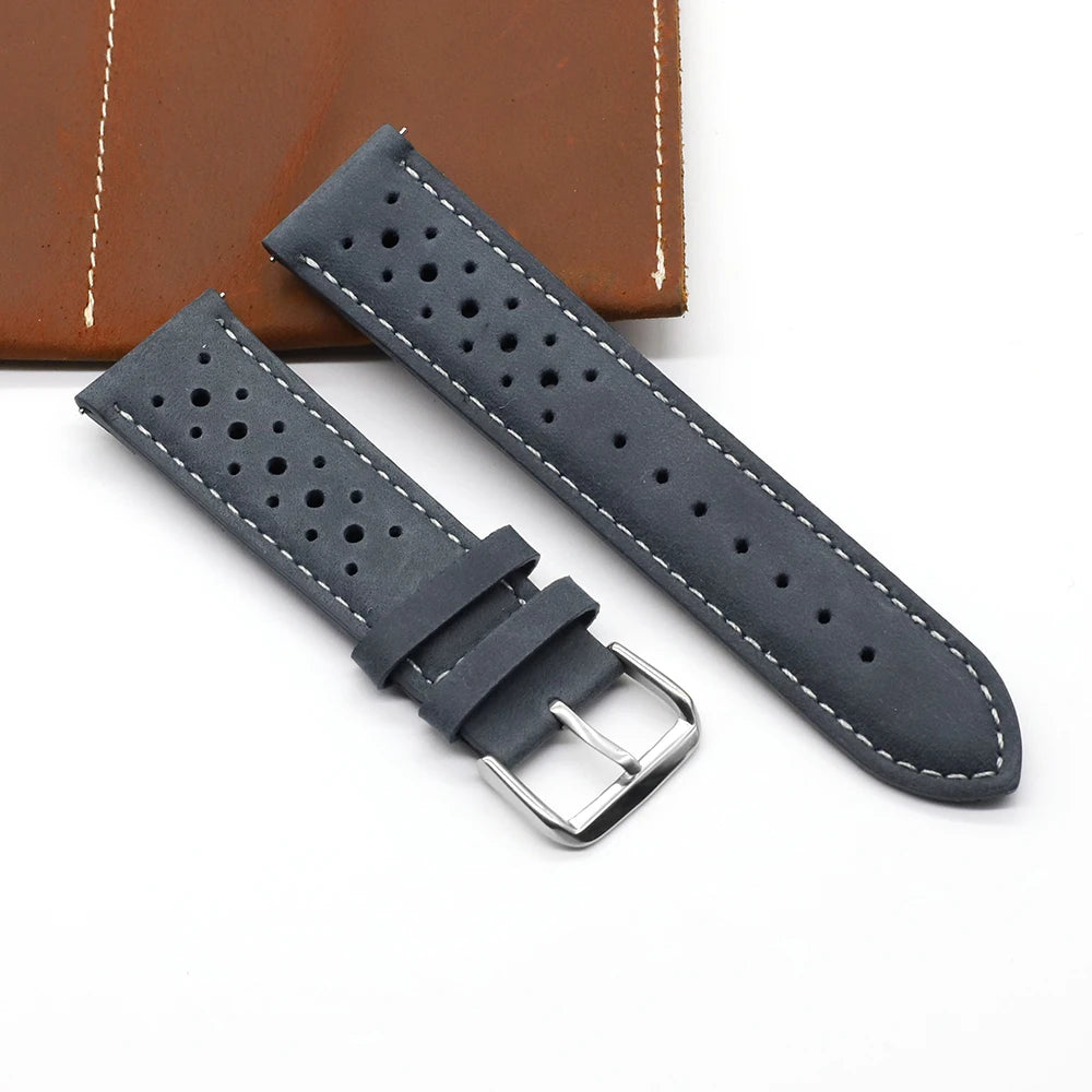 Vintage Handmade Watch Strap 18mm 19mm 20mm 22mm 24mm Racing Leather Strap Gray Black Brown Blue Breathable Porous Watchbands