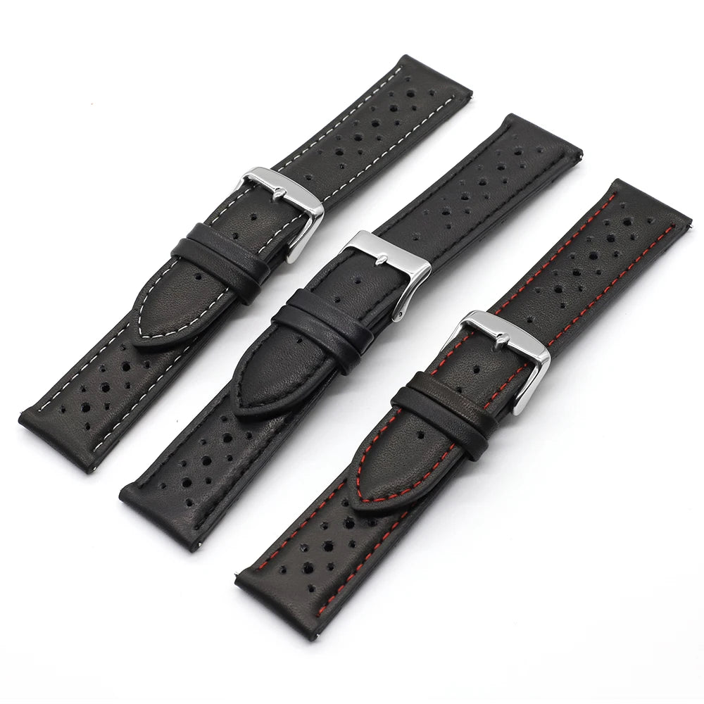 Vintage Handmade Watch Strap 18mm 19mm 20mm 22mm 24mm Racing Leather Strap Gray Black Brown Blue Breathable Porous Watchbands